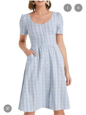 NWT Draper James Linen Cotton Dress Blue Windowpane Plaid 2